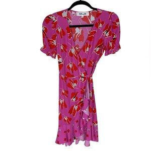 Diane Von Furstenberg Pink Red Floral Emilia Short Sleeve Wrap Dress Size XS